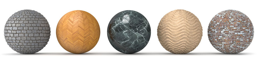 Render previews of high quality textures of cobblestone, wood flooring, marble, sand and bricks